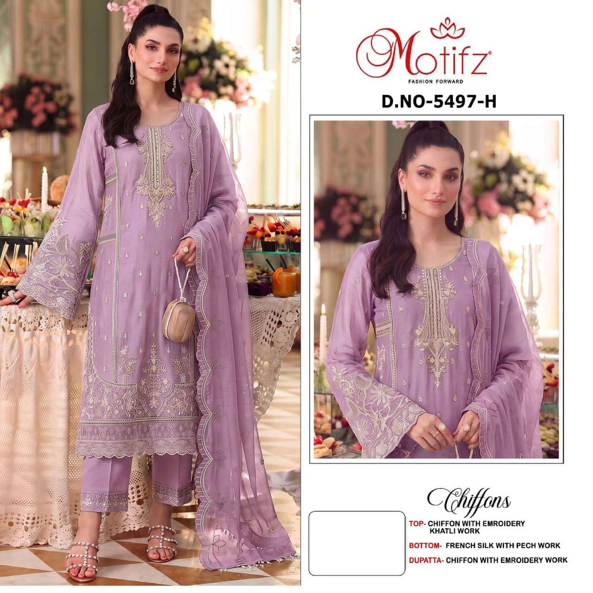 MOTIFZ 5497 Chiffon Khatli Work Semi Stitched Pakistani Suit