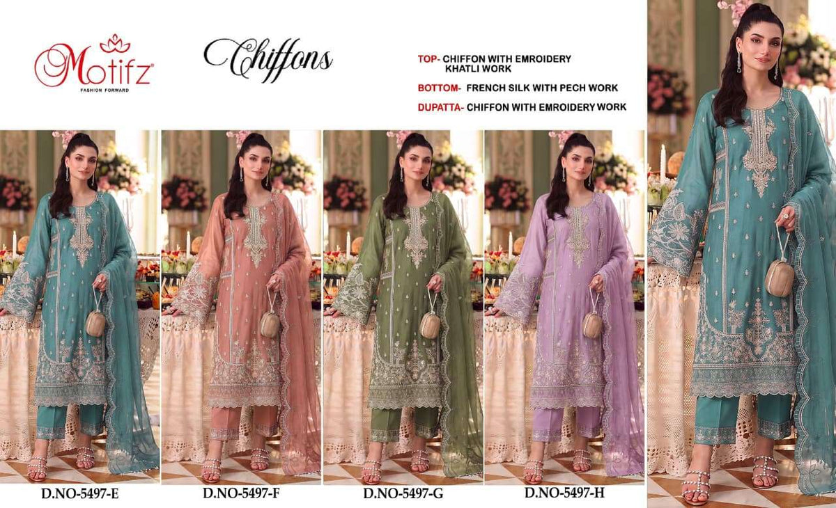MOTIFZ 5497 Chiffon Khatli Work Semi Stitched Pakistani Suit