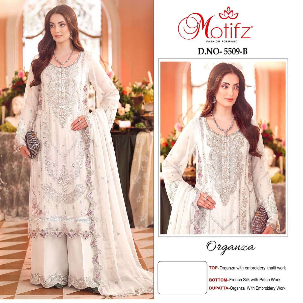 Motifz 5509 Organza Khatli Work Pakistani Palazzo Salwar Suit