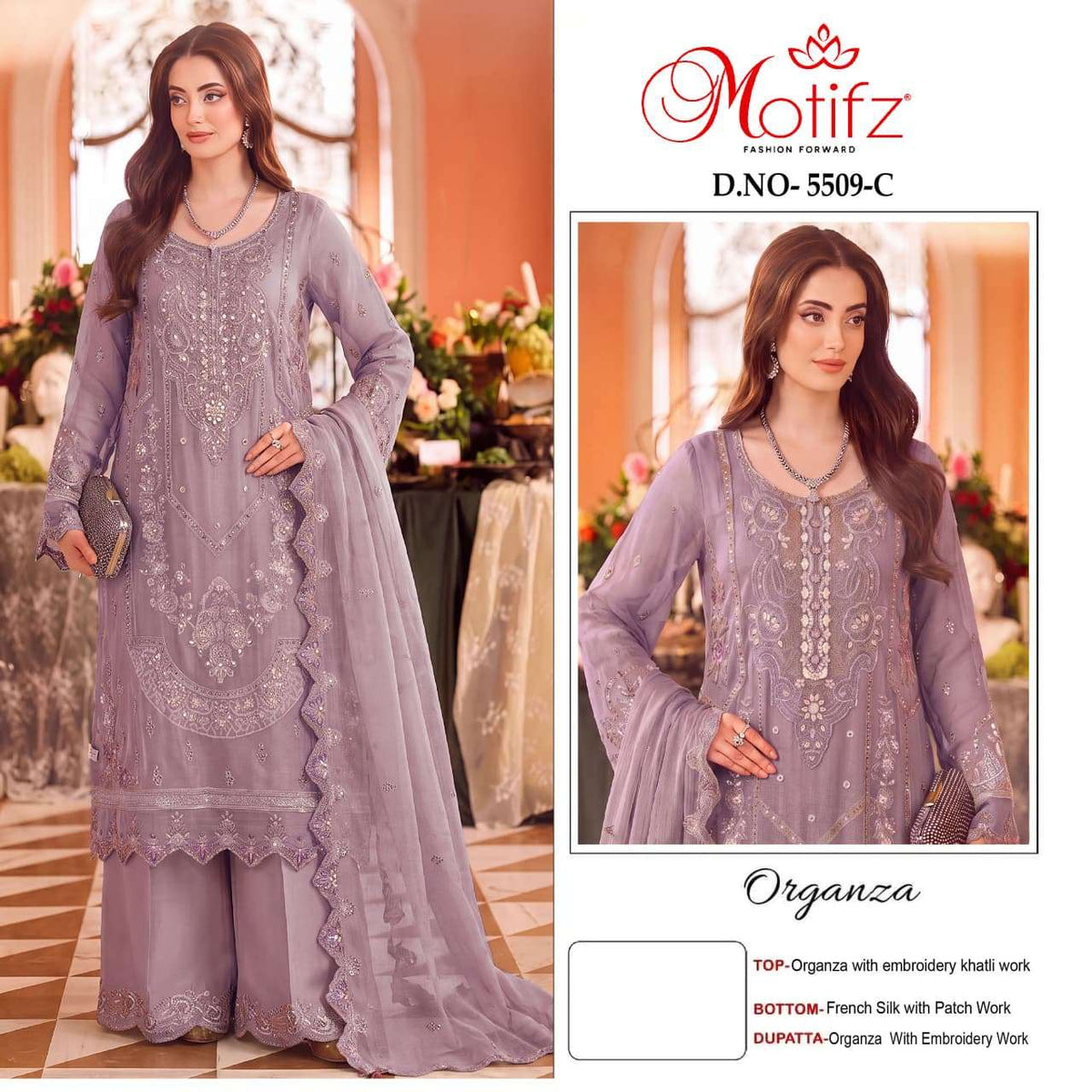 Motifz 5509 Organza Khatli Work Pakistani Palazzo Salwar Suit