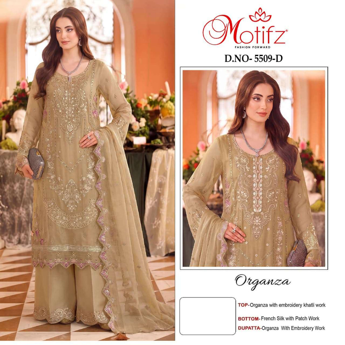 Motifz 5509 Organza Khatli Work Pakistani Palazzo Salwar Suit