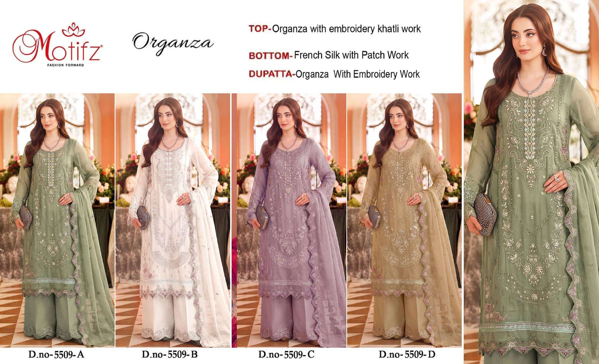 Motifz 5509 Organza Khatli Work Pakistani Palazzo Salwar Suit