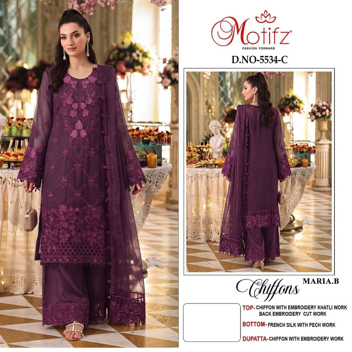 MOTIFZ 5534 Chiffon Khatli Work Semi Stitched Pakistani Suit