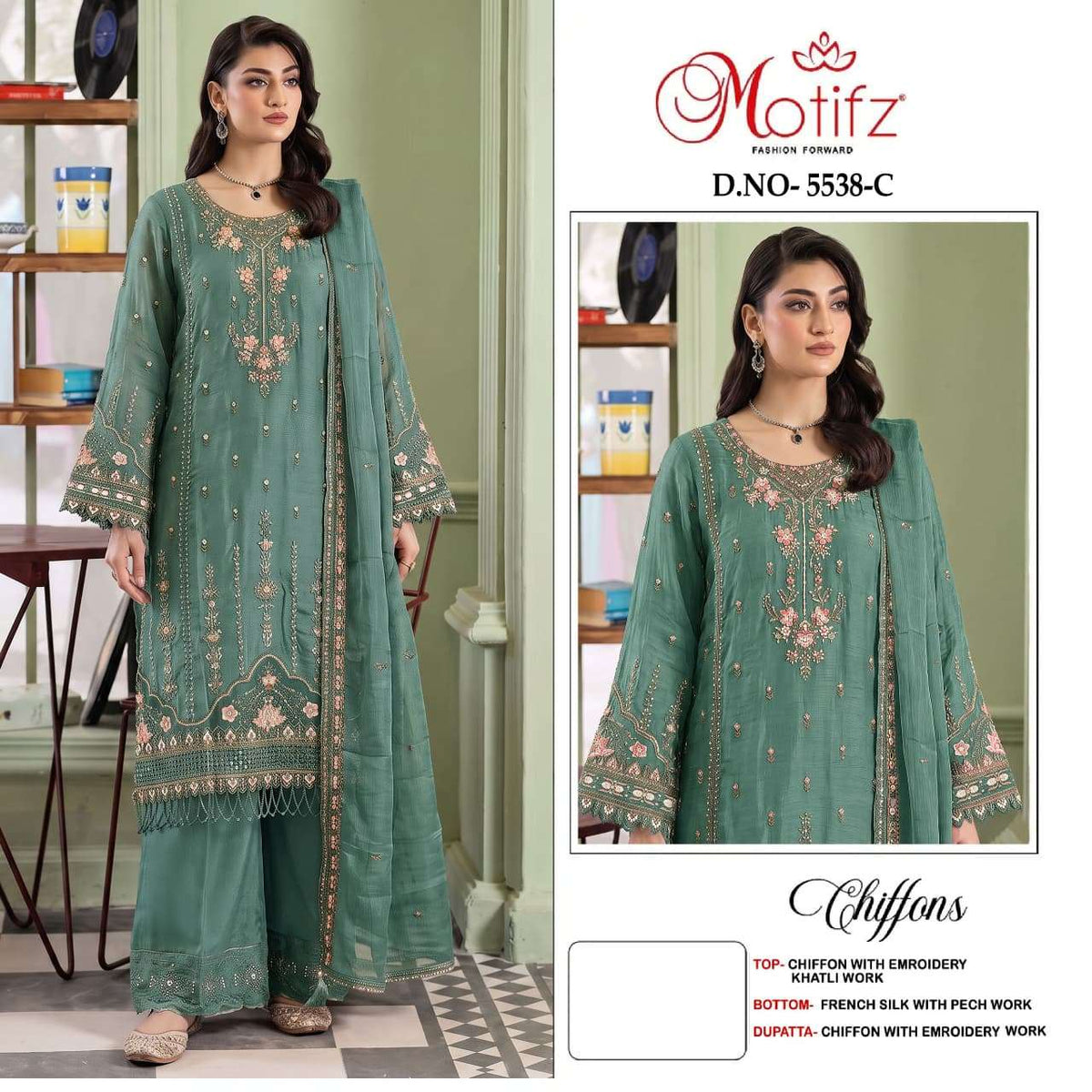 Motifz 5538 Chiffon Embroidered Pakistani Festive Wear Salwar Suit
