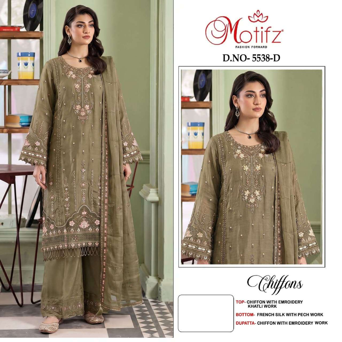 Motifz 5538 Chiffon Embroidered Pakistani Festive Wear Salwar Suit