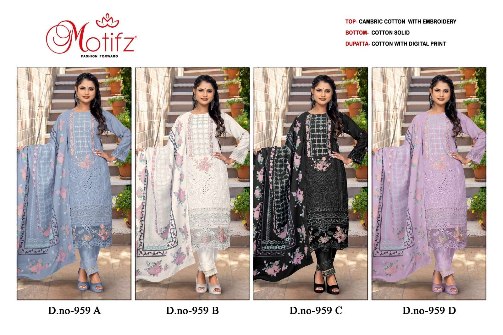 Motifz 959 A To D Series Cambric Cotton Pakistani Suit - Amrah Wholesale