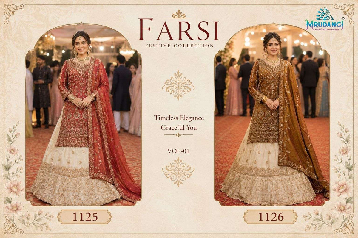 MRUDANGI FARSI Premium Viscose Tissue Embroidered Free Size Stitched Lehenga Wholesale Collection - Amrah Wholesale
