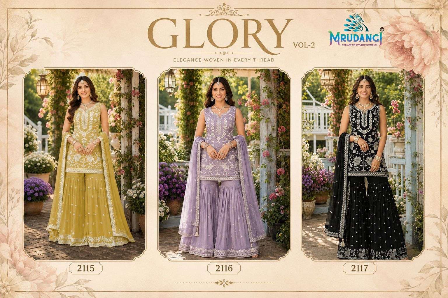 MRUDANGI GLORY Vol-2 Premium Chiffon Embroidered Sharara Suit Set Wholesale