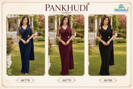 MRUDANGI PANKHUDI 6778–6780 Series Lycra Embroidered Stitched Saree Wholesale