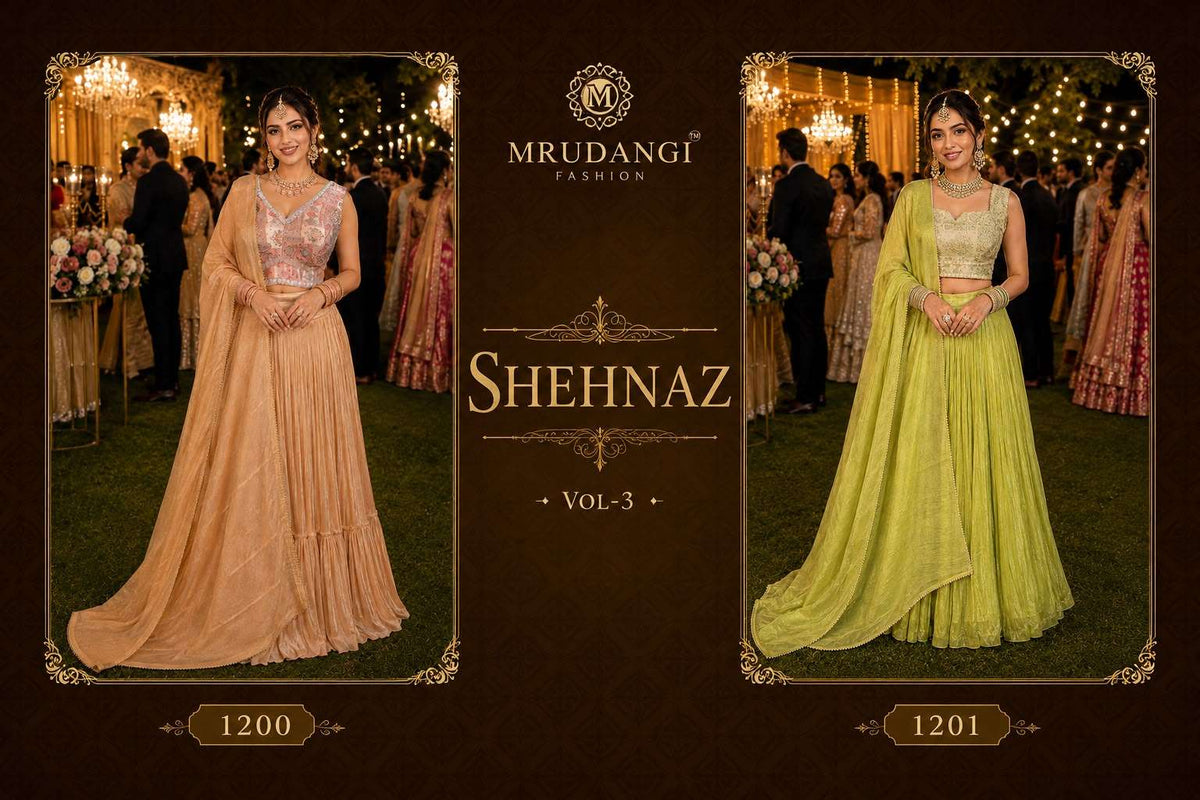 MRUDANGI SHEHNAZ VOL-3 Premium Tissue Viscose Lehenga - Amrah Wholesale