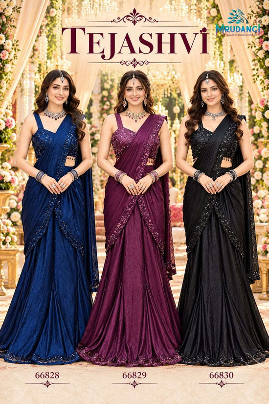 Mrudangi Tejashvi Satin Crush Ready To Wear Saree