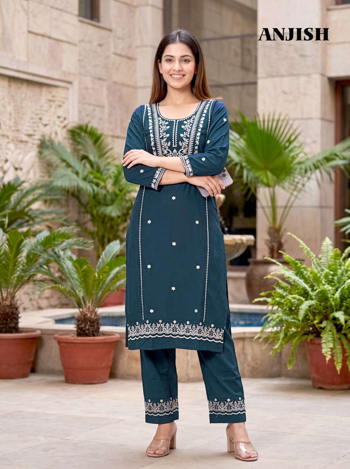 MUKESH ANJISH Cotton Thread Embroidered Kurti Pant Set