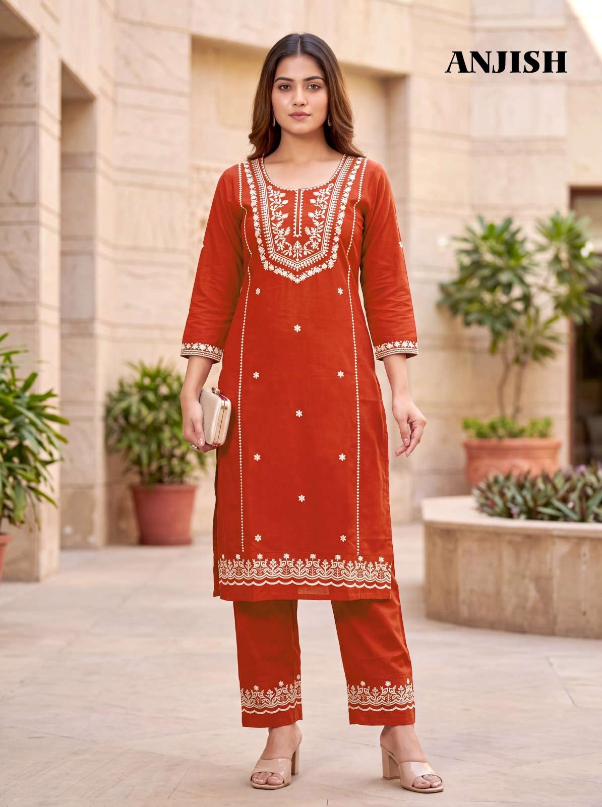 MUKESH ANJISH Cotton Thread Embroidered Kurti Pant Set