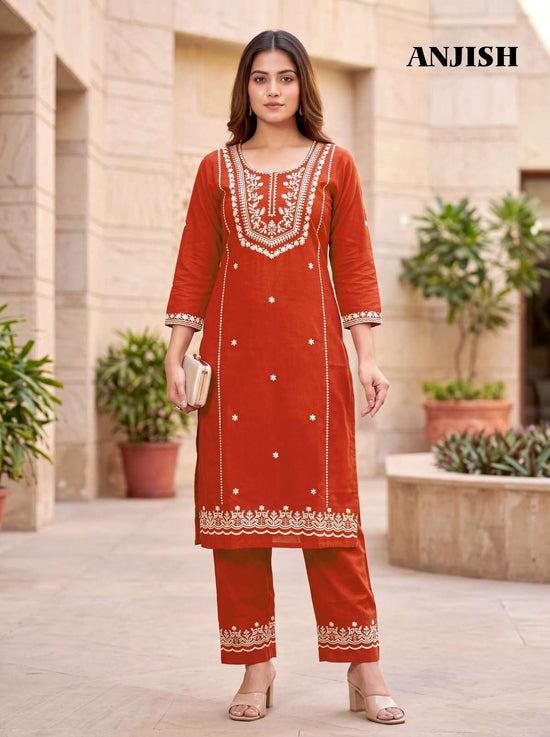 MUKESH ANJISH Cotton Thread Embroidered Kurti Pant Set
