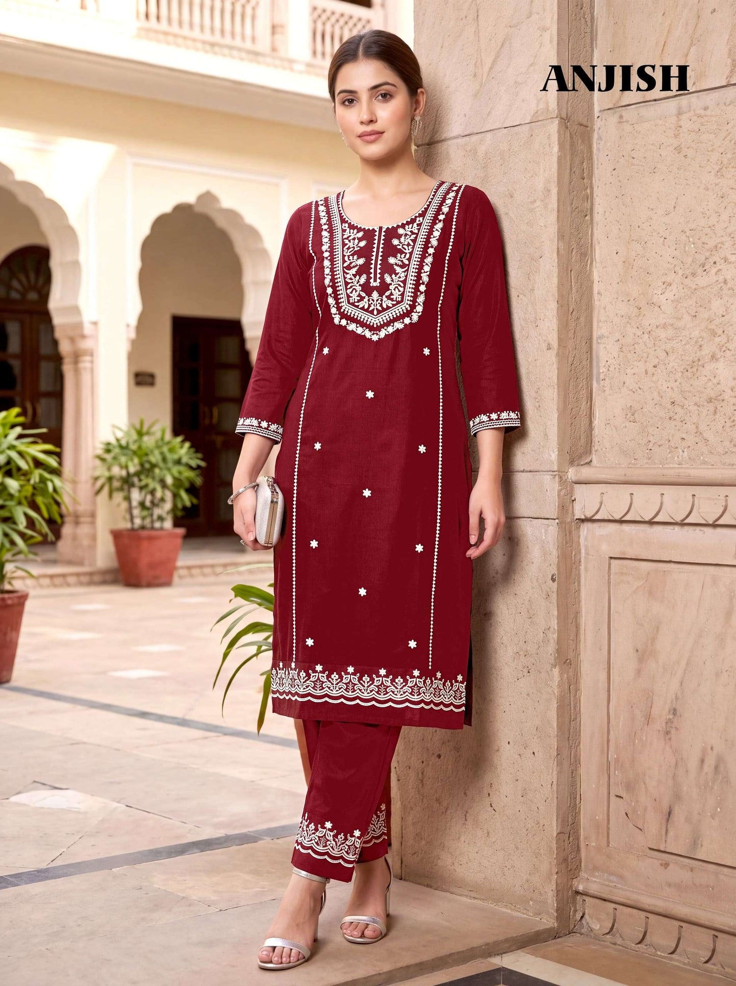 MUKESH ANJISH Cotton Thread Embroidered Kurti Pant Set