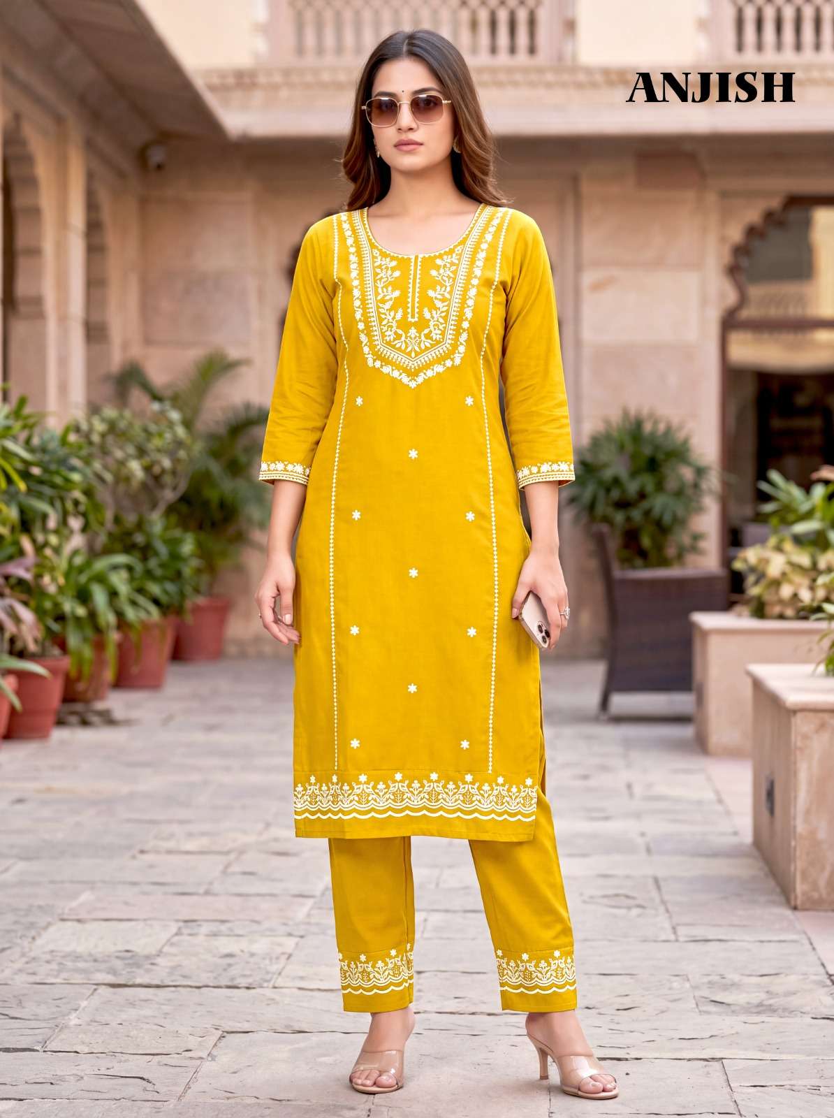 MUKESH ANJISH Cotton Thread Embroidered Kurti Pant Set