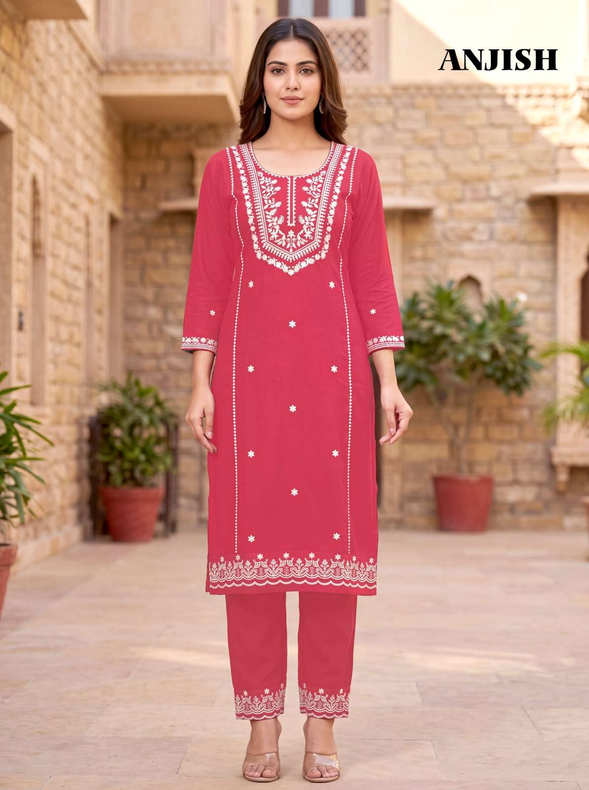 MUKESH ANJISH Cotton Thread Embroidered Kurti Pant Set
