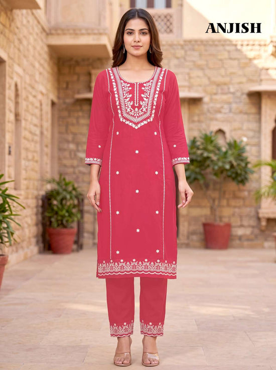 MUKESH ANJISH Cotton Thread Embroidered Kurti Pant Set