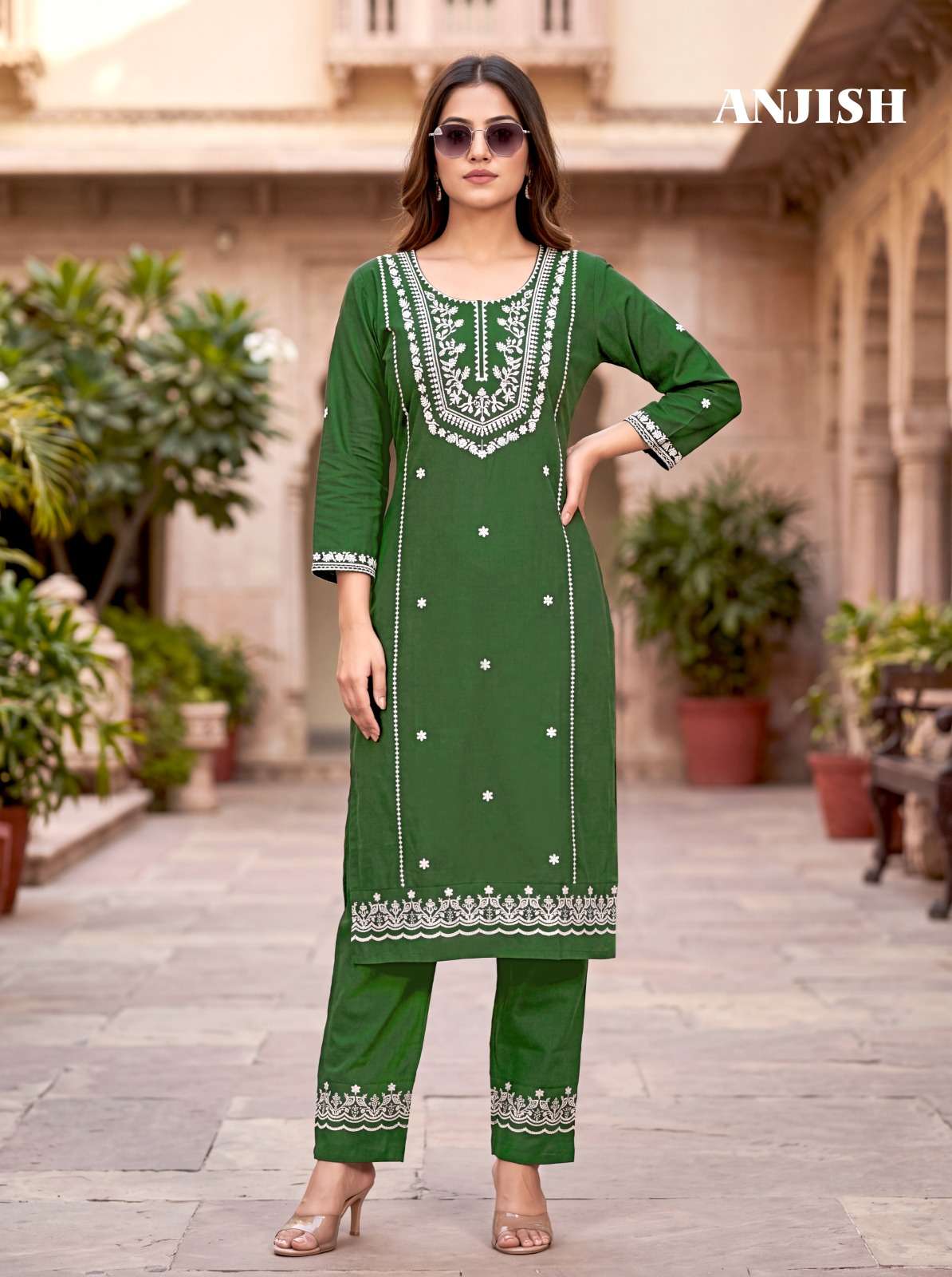 MUKESH ANJISH Cotton Thread Embroidered Kurti Pant Set