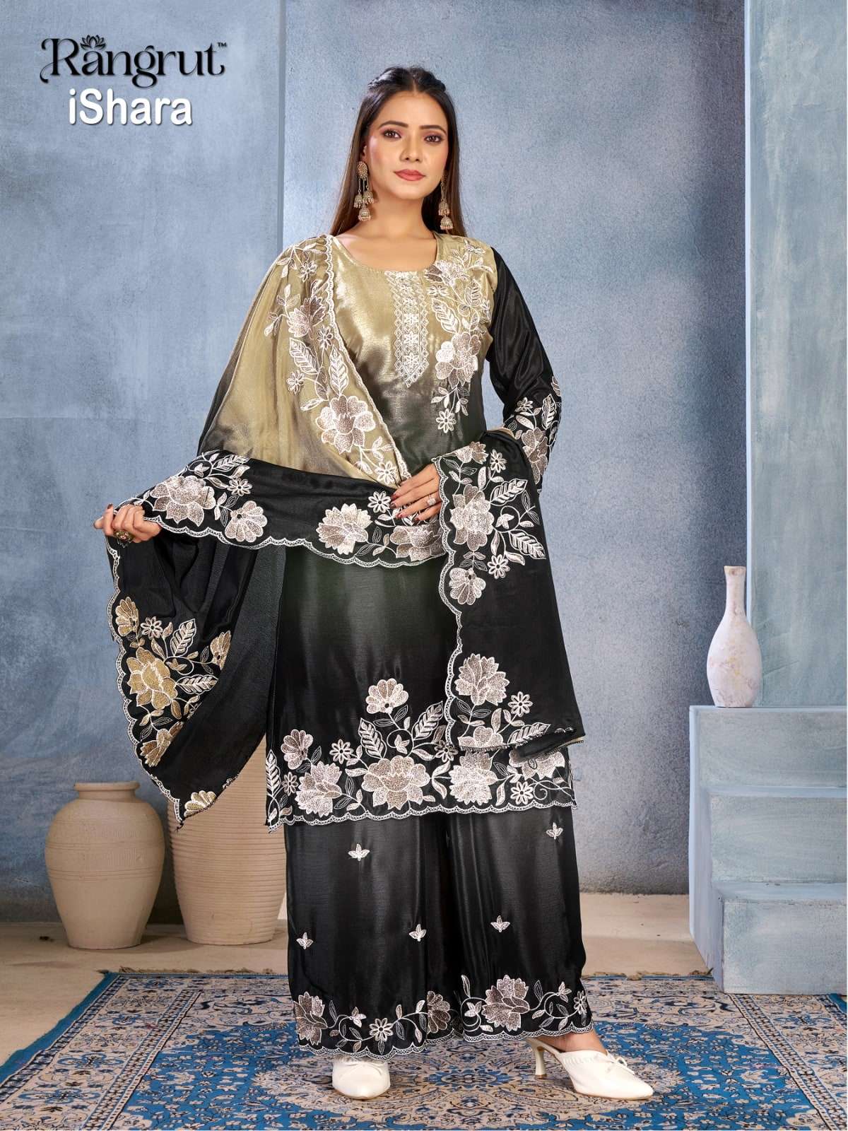 MUKESH ISHARA Chinon Embroidered Dress Set - Amrah Wholesale