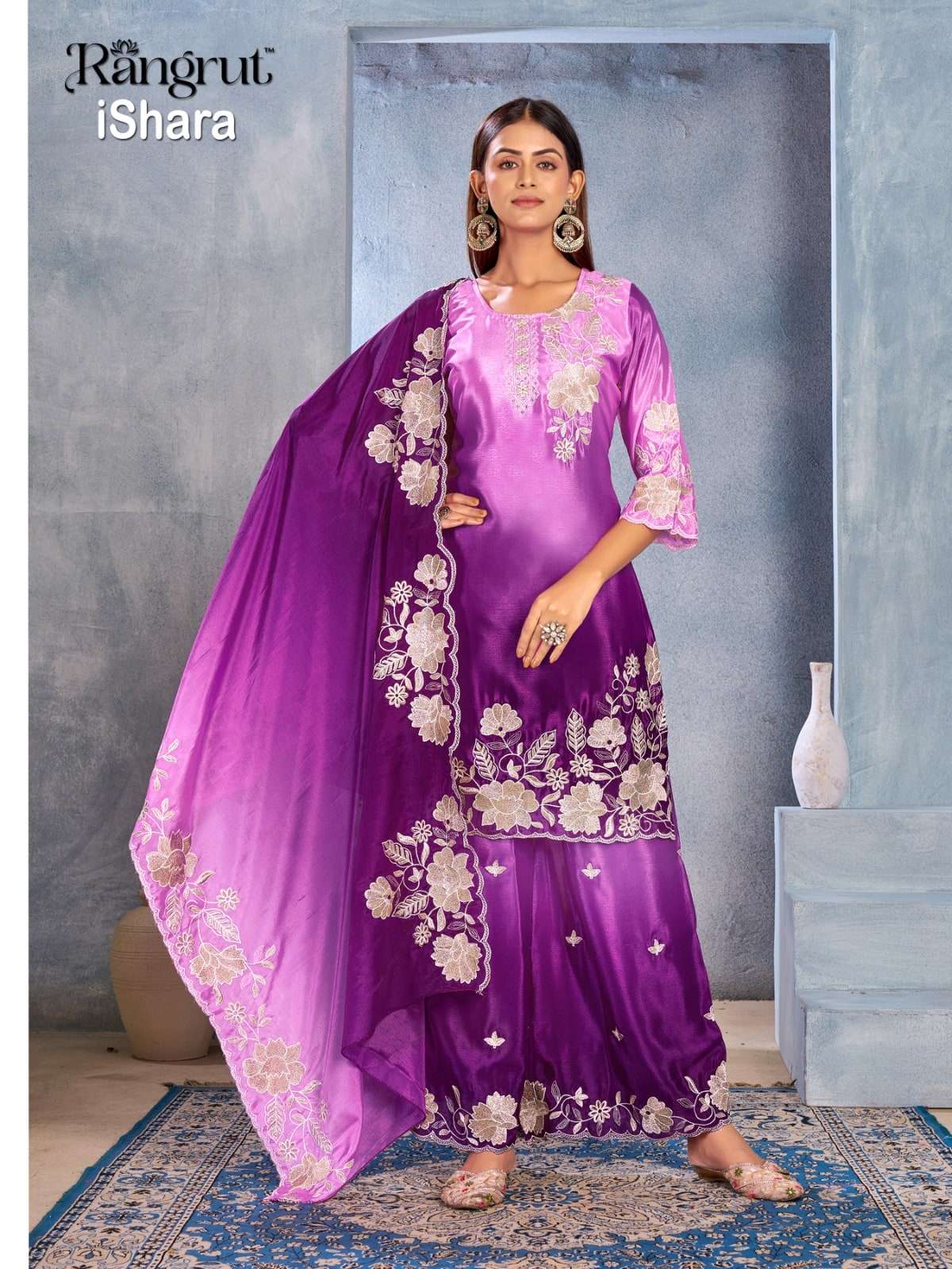 MUKESH ISHARA Chinon Embroidered Dress Set - Amrah Wholesale