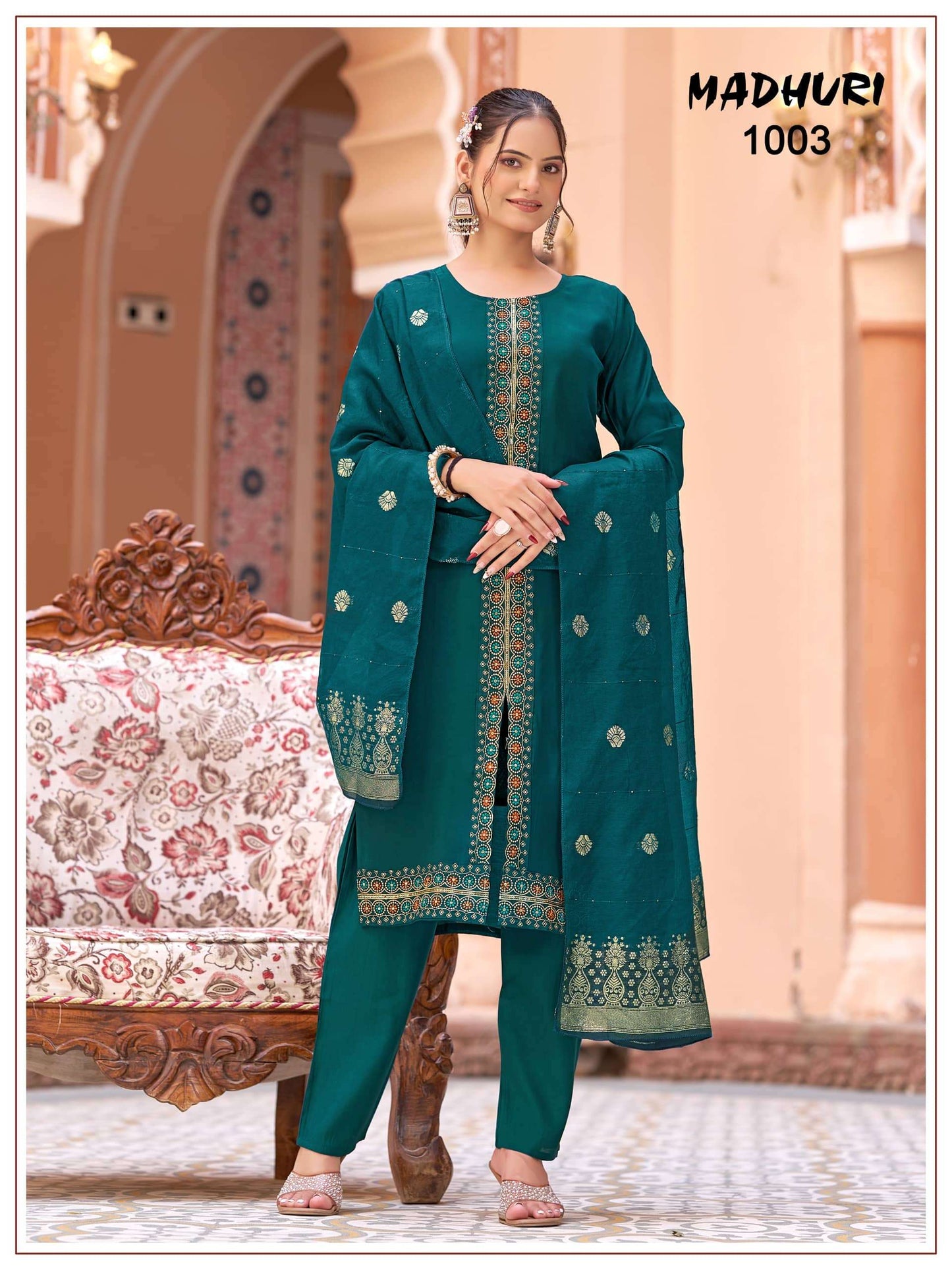 Mukesh Madhuri 1001 to 1008 Mal Chanderi Embroidered Stitched Salwar Suit Set