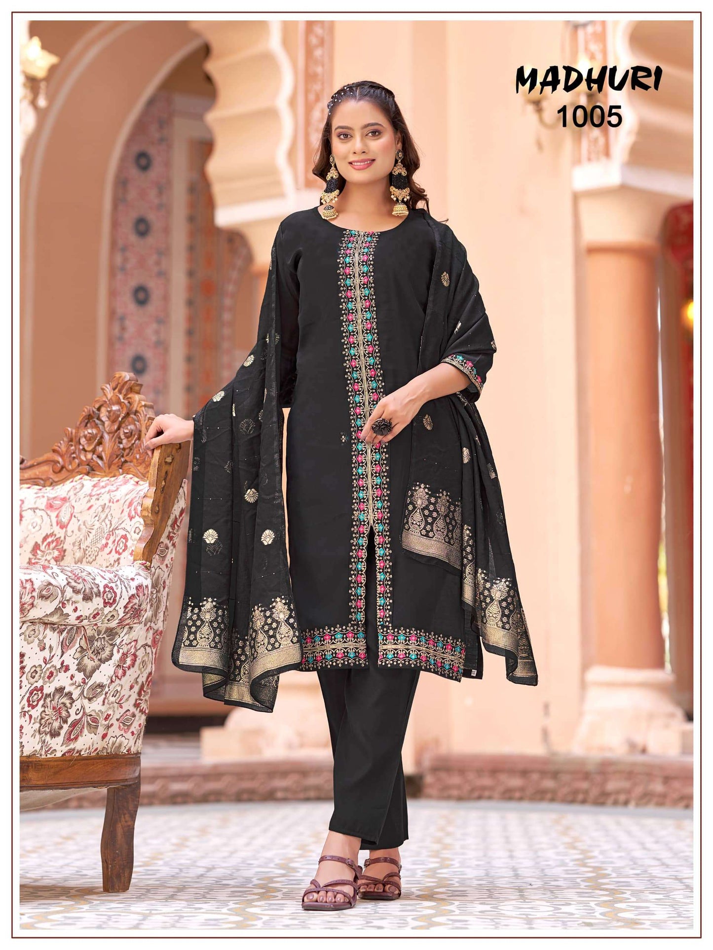 Mukesh Madhuri 1001 to 1008 Mal Chanderi Embroidered Stitched Salwar Suit Set