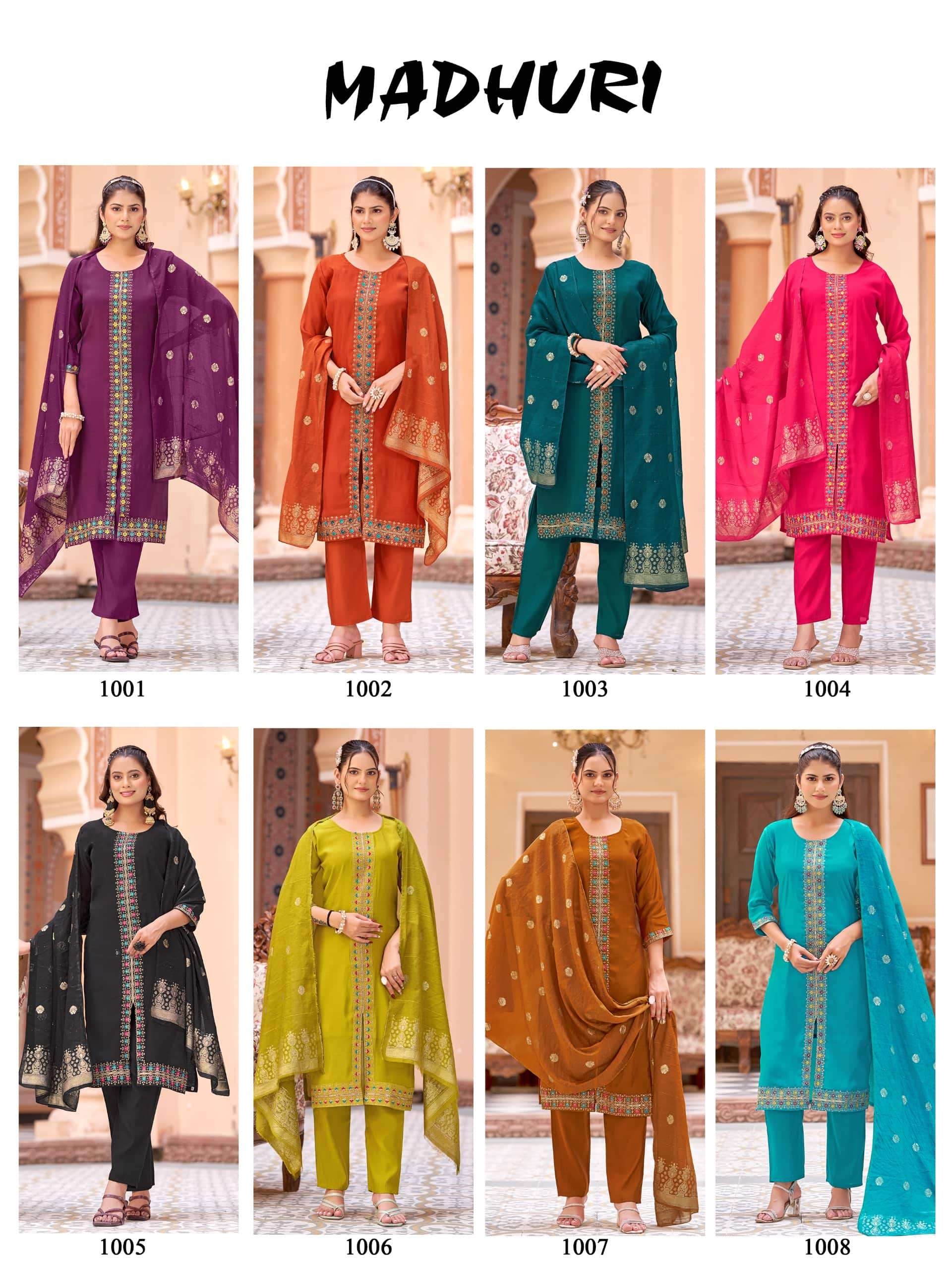 Mukesh Madhuri 1001 to 1008 Mal Chanderi Embroidered Stitched Salwar Suit Set