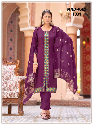 Mukesh Madhuri 1001 to 1008 Mal Chanderi Embroidered Stitched Salwar Suit Set