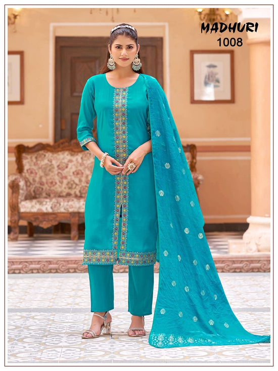 Mukesh Madhuri 1001 to 1008 Mal Chanderi Embroidered Stitched Salwar Suit Set - Amrah Wholesale