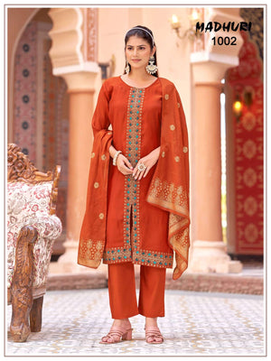 Mukesh Madhuri 1001 to 1008 Mal Chanderi Embroidered Stitched Salwar Suit Set - Amrah Wholesale