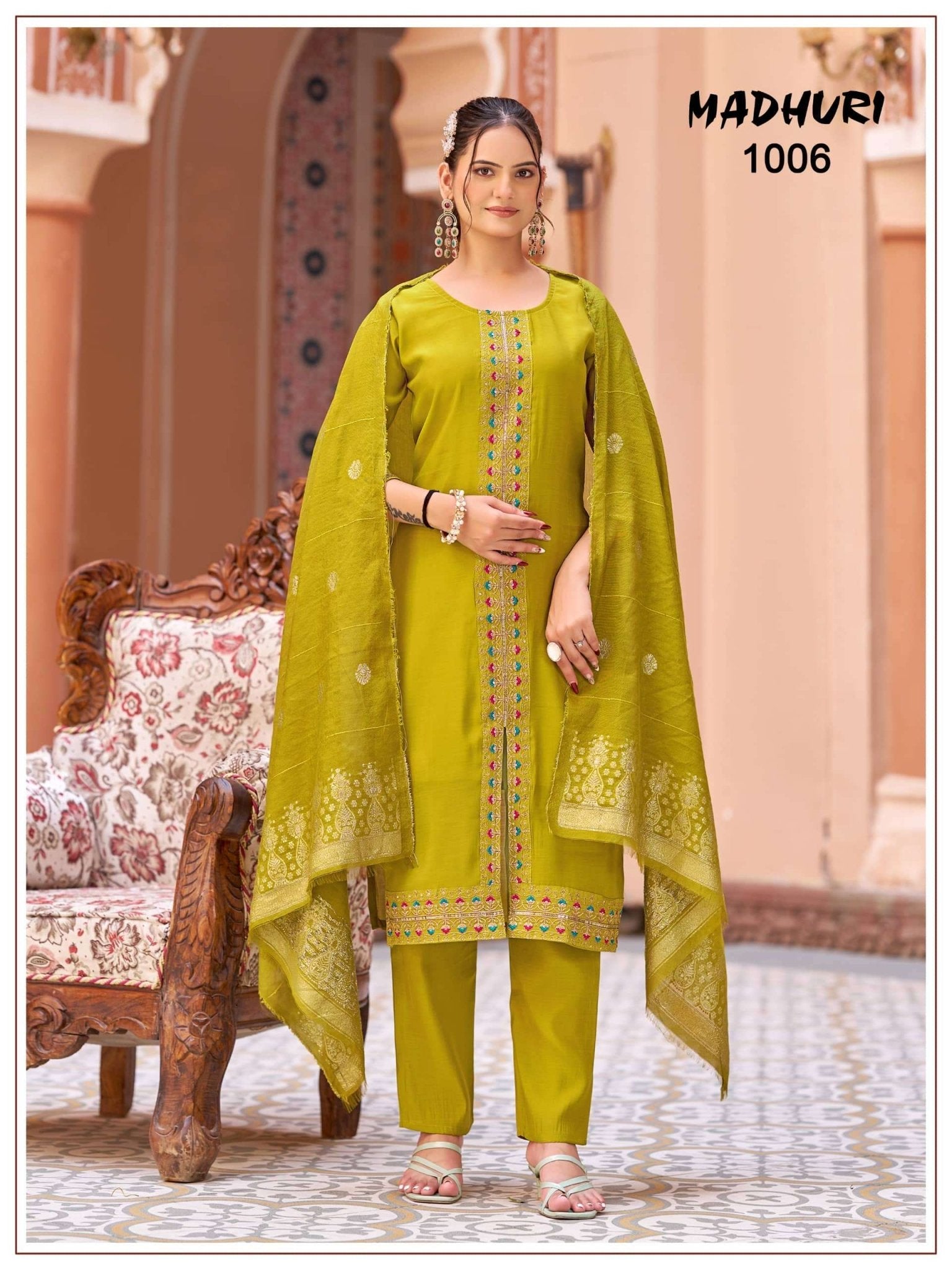 Mukesh Madhuri 1001 to 1008 Mal Chanderi Embroidered Stitched Salwar Suit Set - Amrah Wholesale
