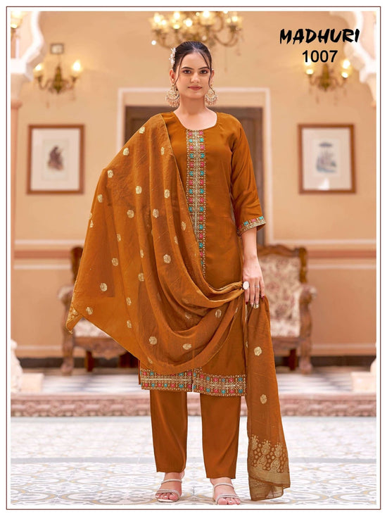 Mukesh Madhuri 1001 to 1008 Mal Chanderi Embroidered Stitched Salwar Suit Set - Amrah Wholesale