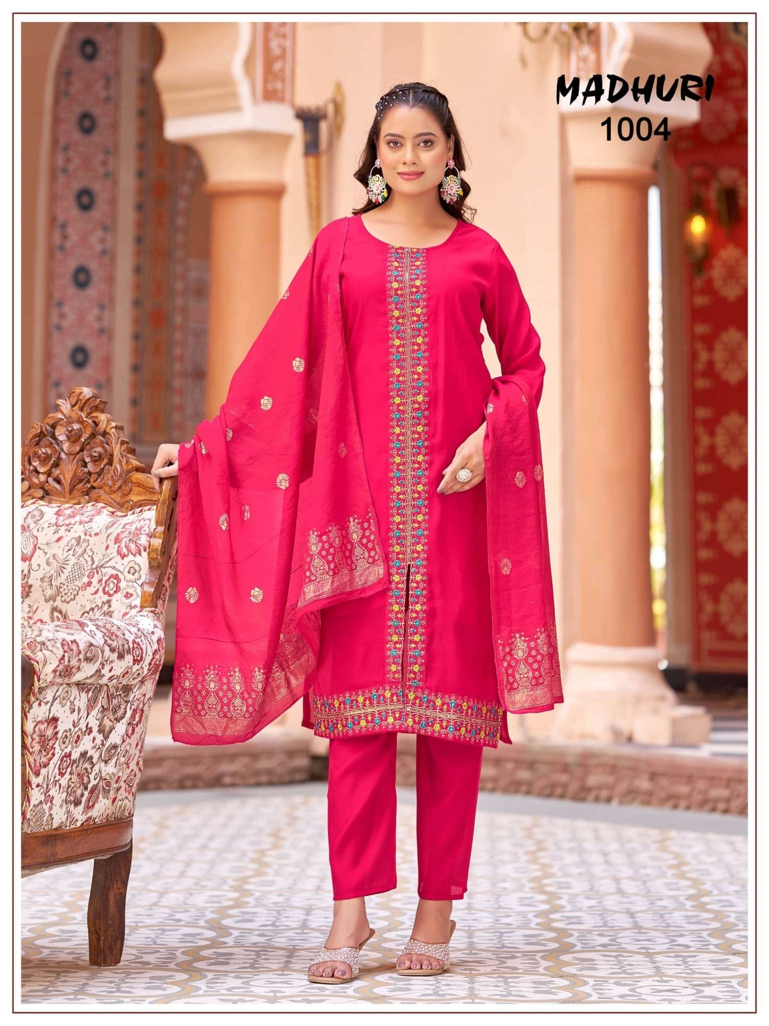 Mukesh Madhuri 1001 to 1008 Mal Chanderi Embroidered Stitched Salwar Suit Set - Amrah Wholesale