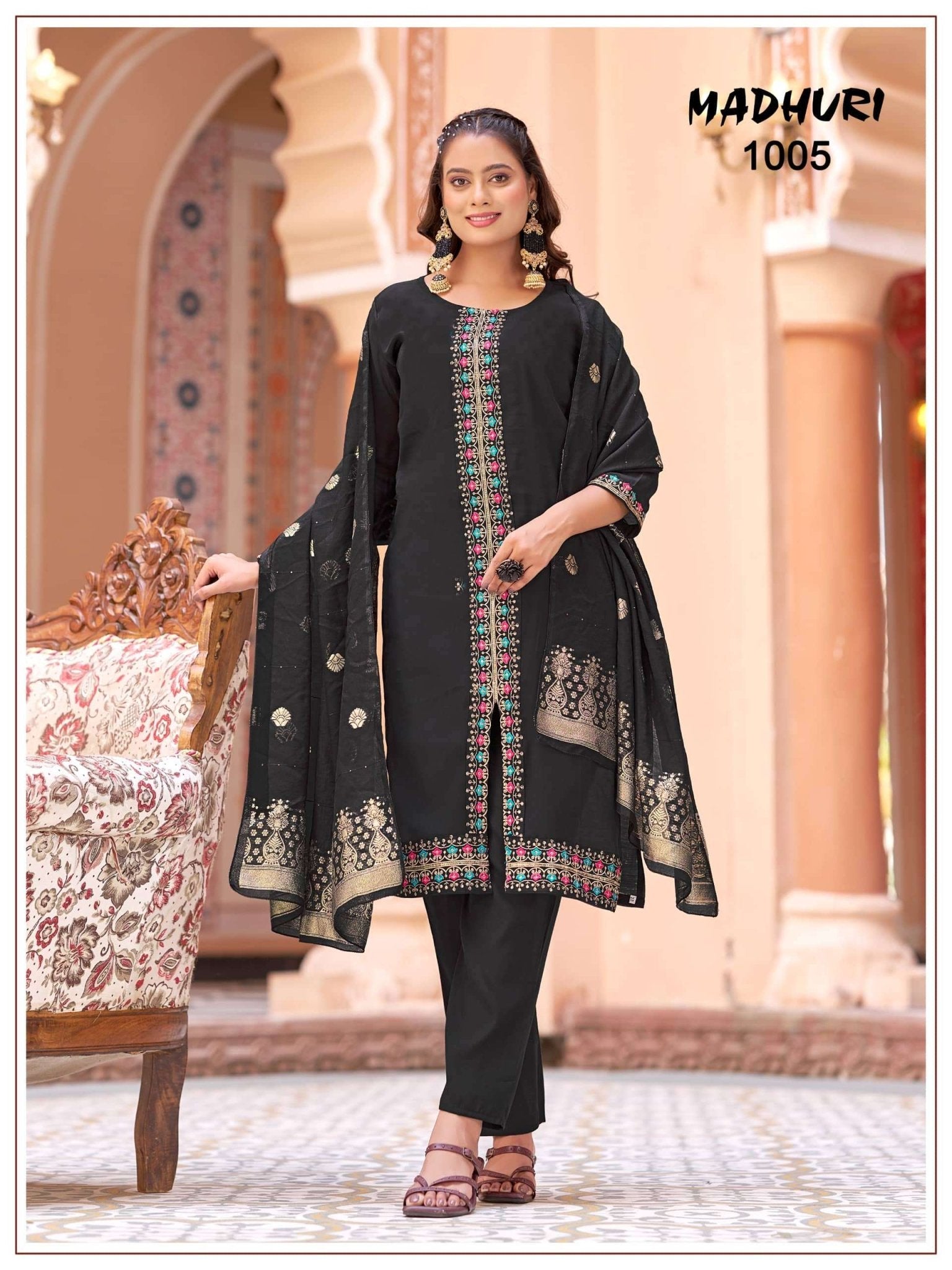 Mukesh Madhuri 1001 to 1008 Mal Chanderi Embroidered Stitched Salwar Suit Set - Amrah Wholesale