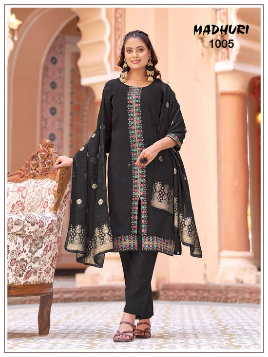 Mukesh Madhuri 1001 to 1008 Mal Chanderi Embroidered Stitched Salwar Suit Set - Amrah Wholesale
