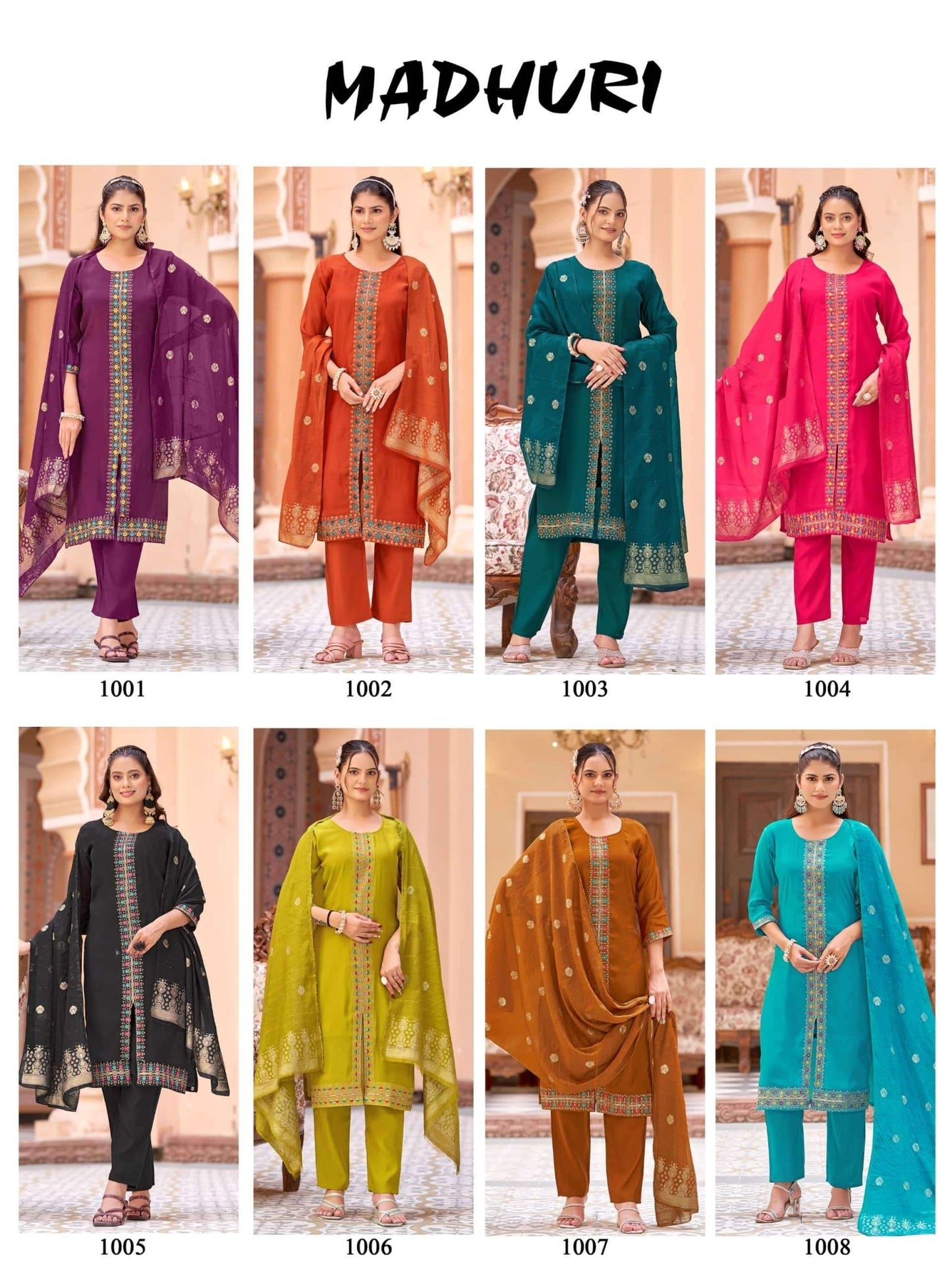 Mukesh Madhuri 1001 to 1008 Mal Chanderi Embroidered Stitched Salwar Suit Set - Amrah Wholesale