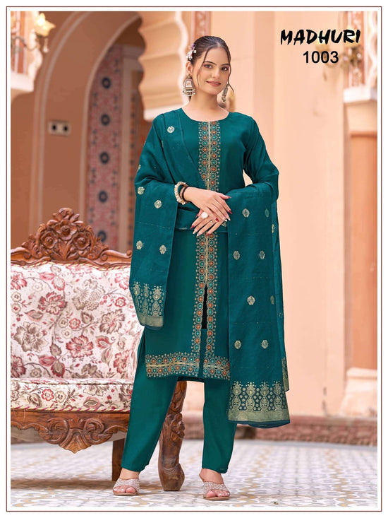 Mukesh Madhuri 1001 to 1008 Mal Chanderi Embroidered Stitched Salwar Suit Set - Amrah Wholesale