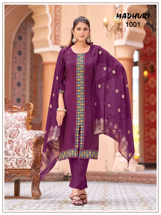 Mukesh Madhuri 1001 to 1008 Mal Chanderi Embroidered Stitched Salwar Suit Set - Amrah Wholesale