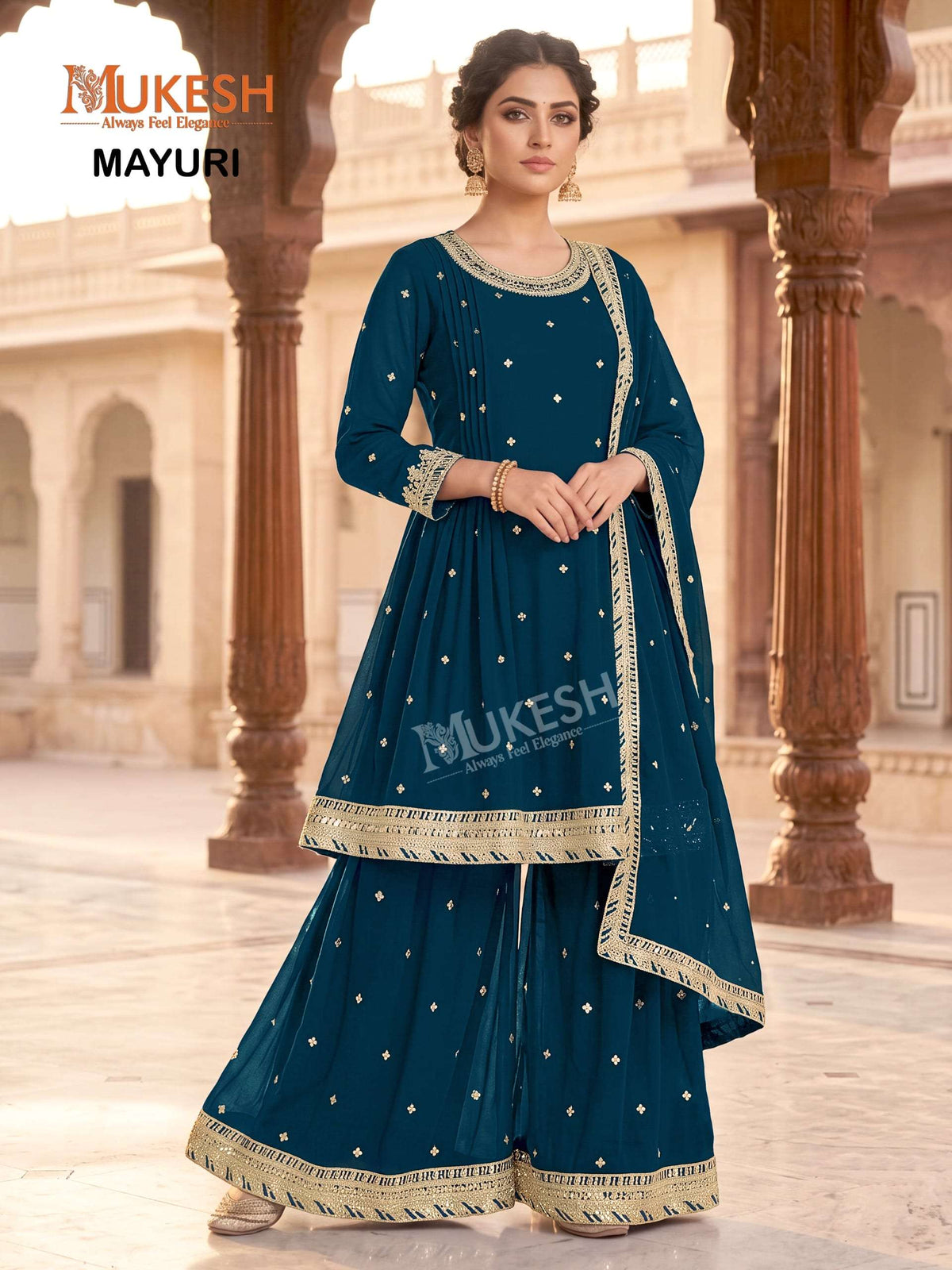 Mukesh Mayuri Faux Georgette Embroidered Sharara Suit Set