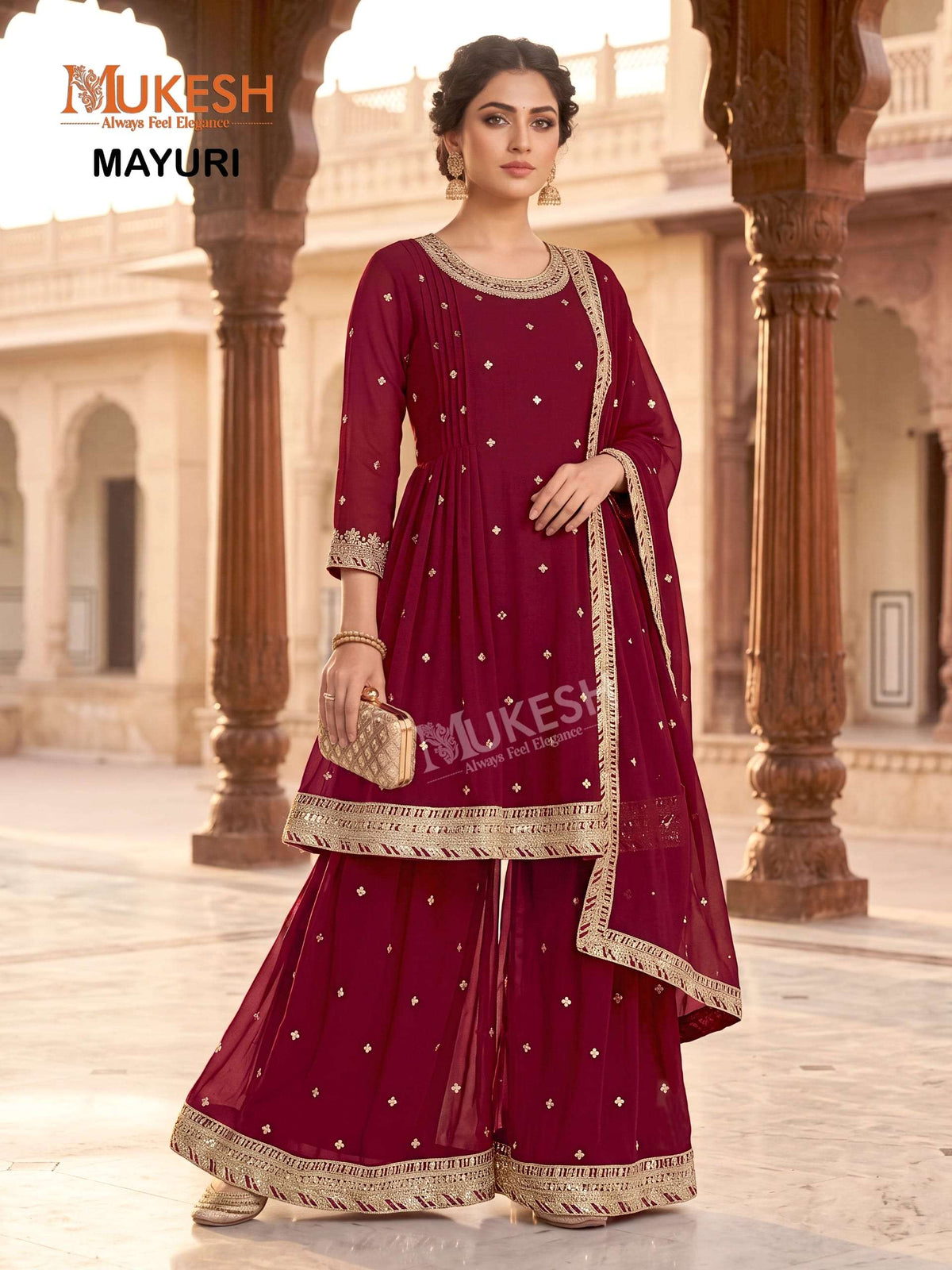 Mukesh Mayuri Faux Georgette Embroidered Sharara Suit Set