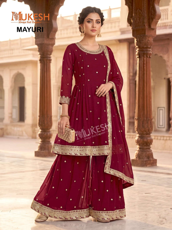 Mukesh Mayuri Faux Georgette Embroidered Sharara Suit Set