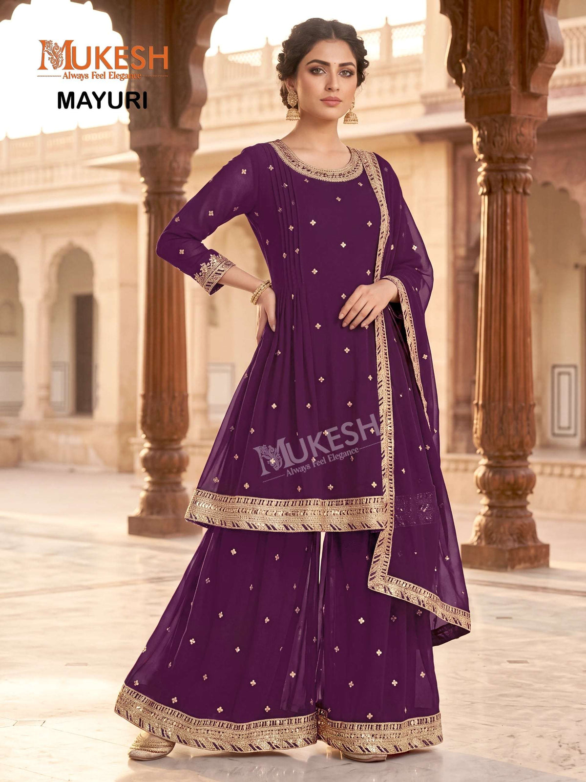 Mukesh Mayuri Faux Georgette Embroidered Sharara Suit Set