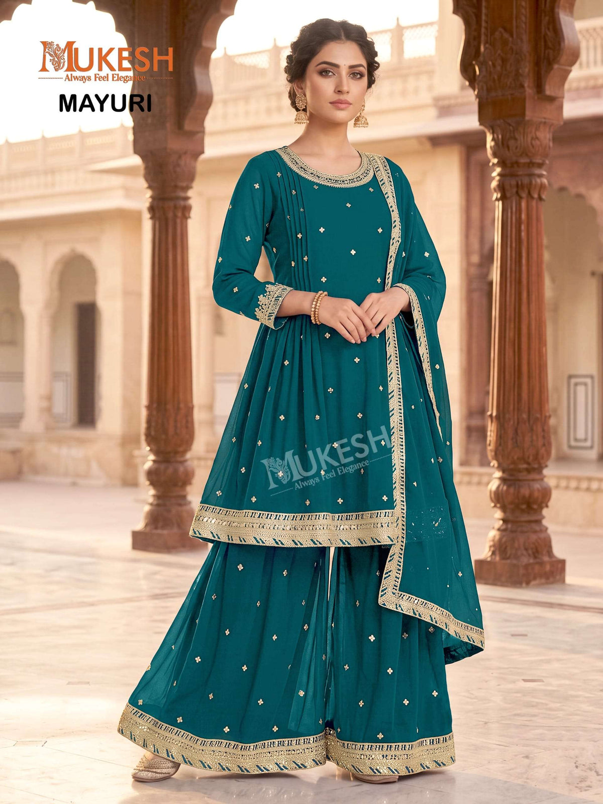 Mukesh Mayuri Faux Georgette Embroidered Sharara Suit Set