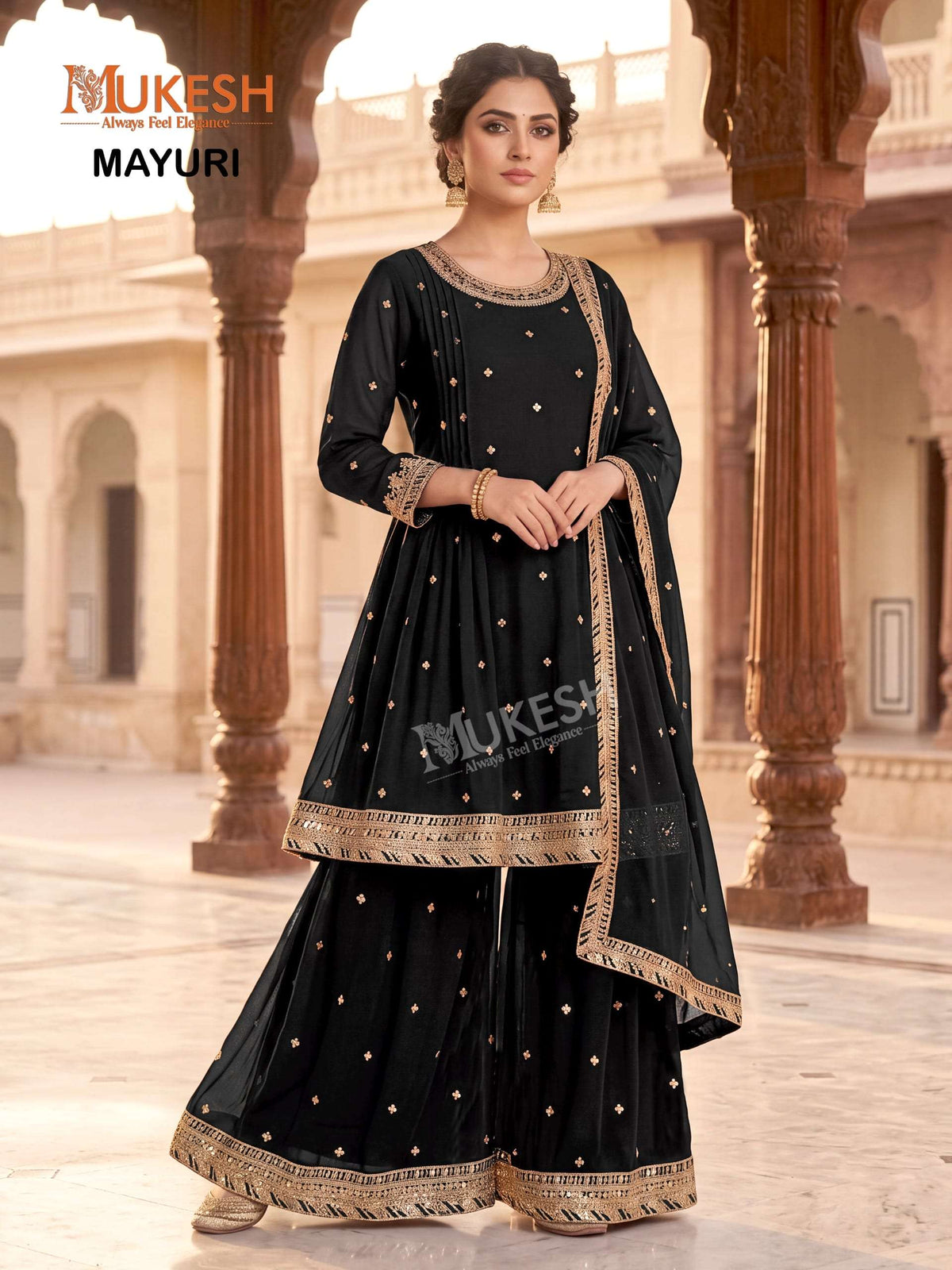 Mukesh Mayuri Faux Georgette Embroidered Sharara Suit Set