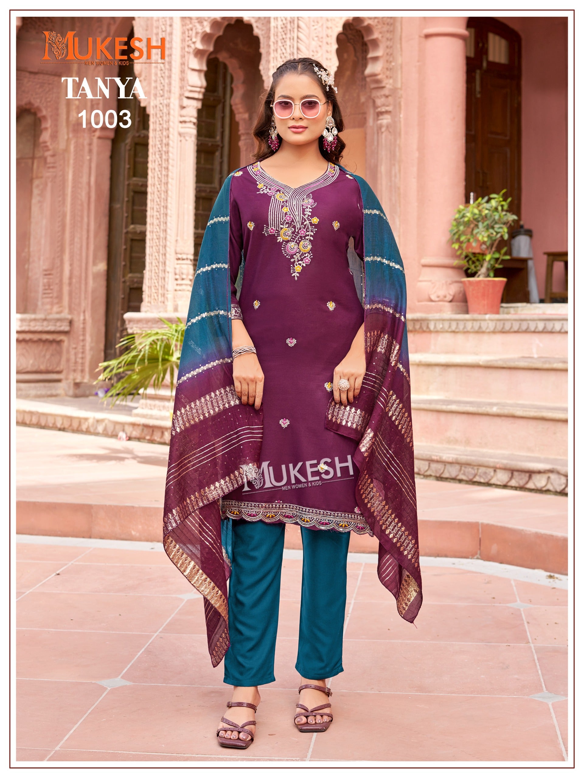 Mukesh Tanya Heavy Rayon Embroidered Kurti Pant Dupatta Set