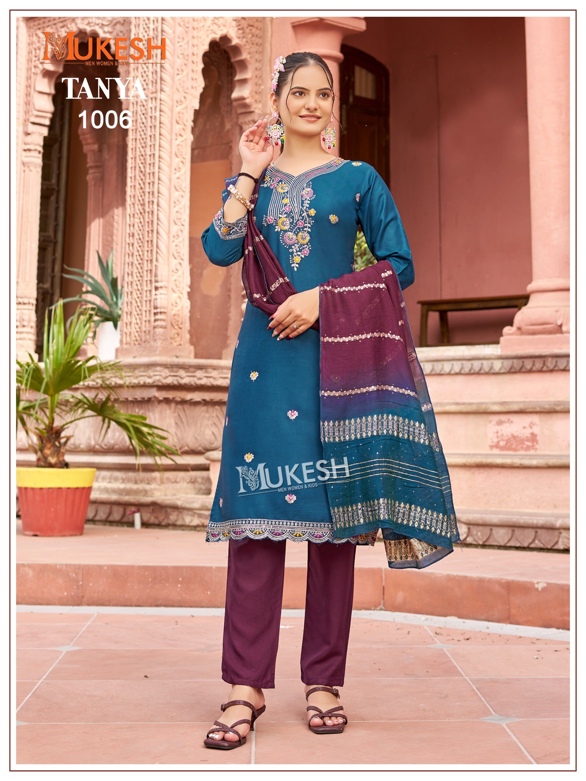 Mukesh Tanya Heavy Rayon Embroidered Kurti Pant Dupatta Set