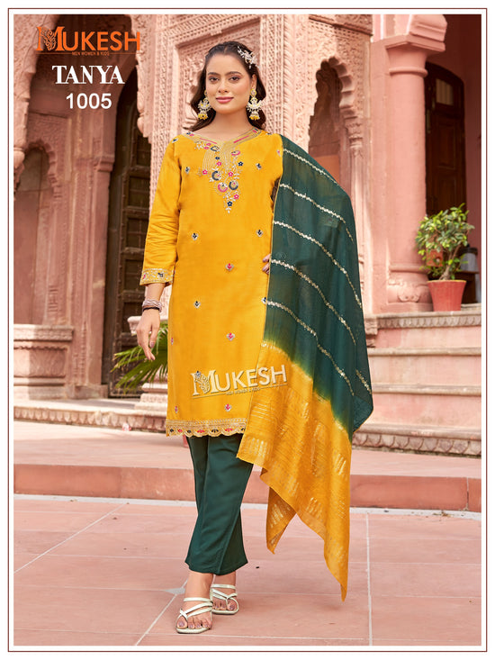 Mukesh Tanya Heavy Rayon Embroidered Kurti Pant Dupatta Set