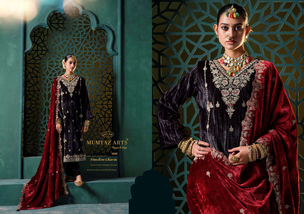 Mumtaz Arts Rukhsar Crush Velvet Embroidered Salwar Suit