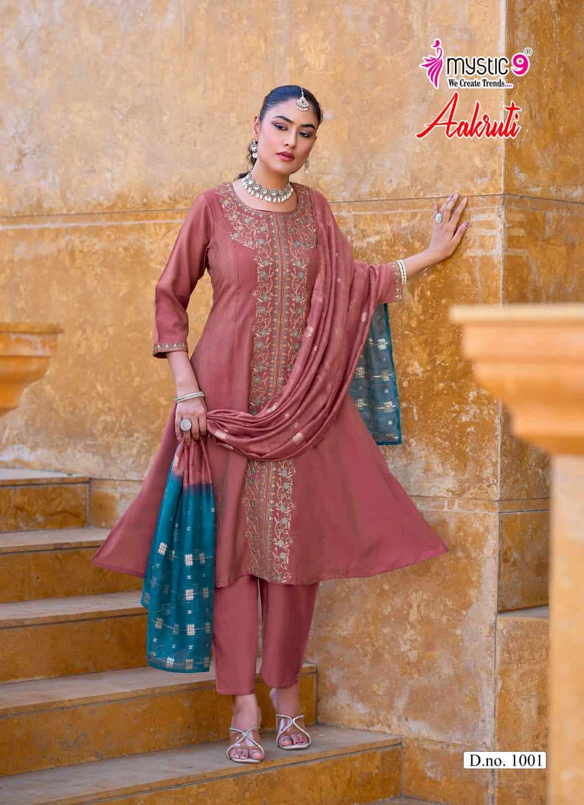 Mystic 9 Aakruti Vertican Shimmer Kurti Pant Dupatta Set Wholesale